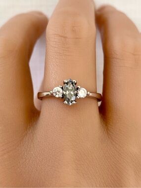 Three Stone Marquise Grey Moissanite Diamond Round CZ Sterling Silver Ring